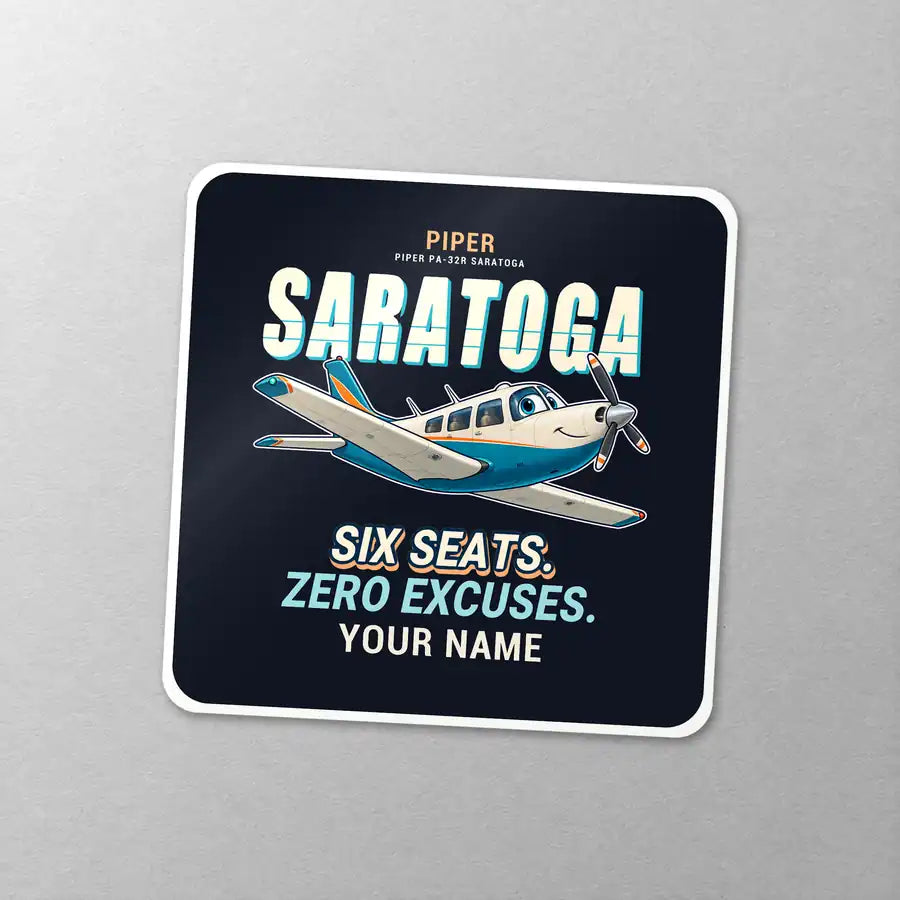 Piper PA-32R Saratoga - Cartoon + Name - Square Sticker - Close-up