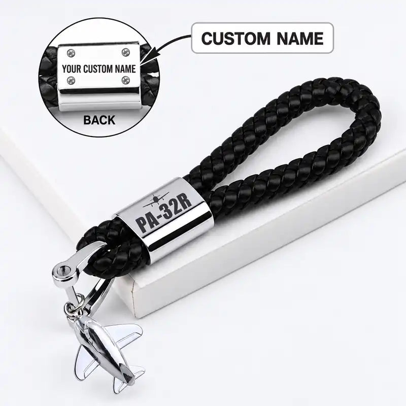 Piper PA-32R Saratoga - Leather Key Chain - Braided Leather - Heritage - Black + Name
