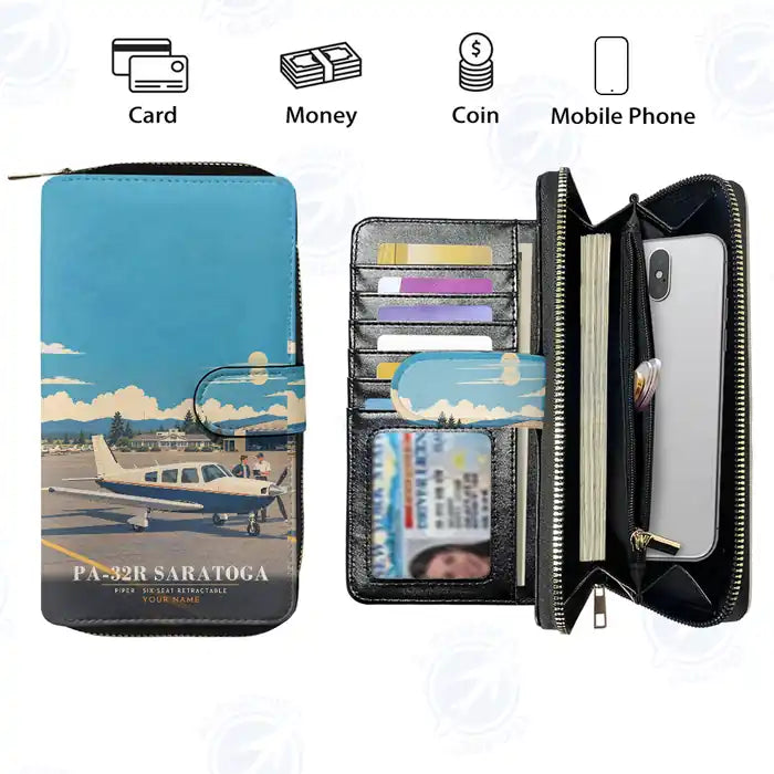 Piper PA-32R Saratoga Leather Wallets - Zip Long Wallet - 3D + Name