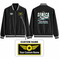 Thumbnail for Piper PA-34-220T Seneca V Stylish Jackets - Baseball Collar - Cartoon + Name - Black