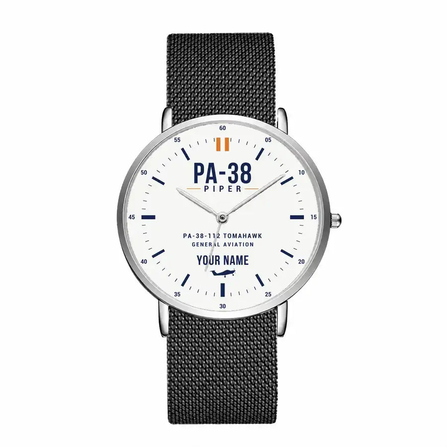 Piper PA-38-112 Tomahawk - Classic - White + Name - Slim Mesh - Silver and Black Stainless Steel Strap