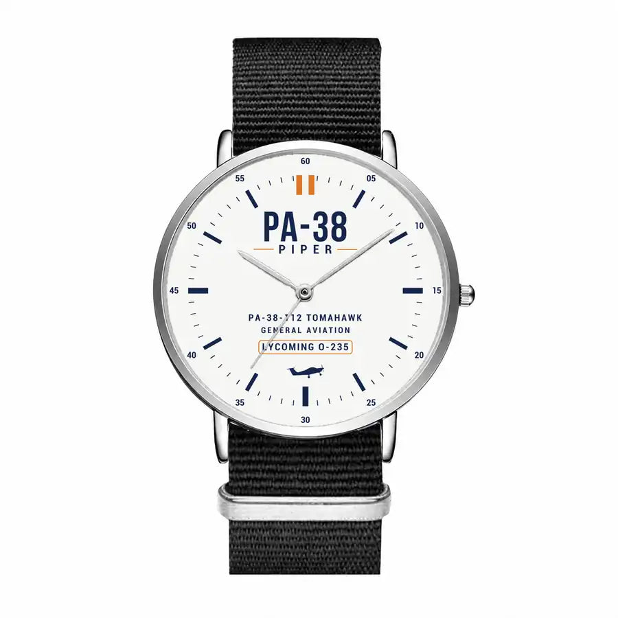 Piper PA-38-112 Tomahawk - Classic - White - Slim Leather - Silver and Black Nylon Strap