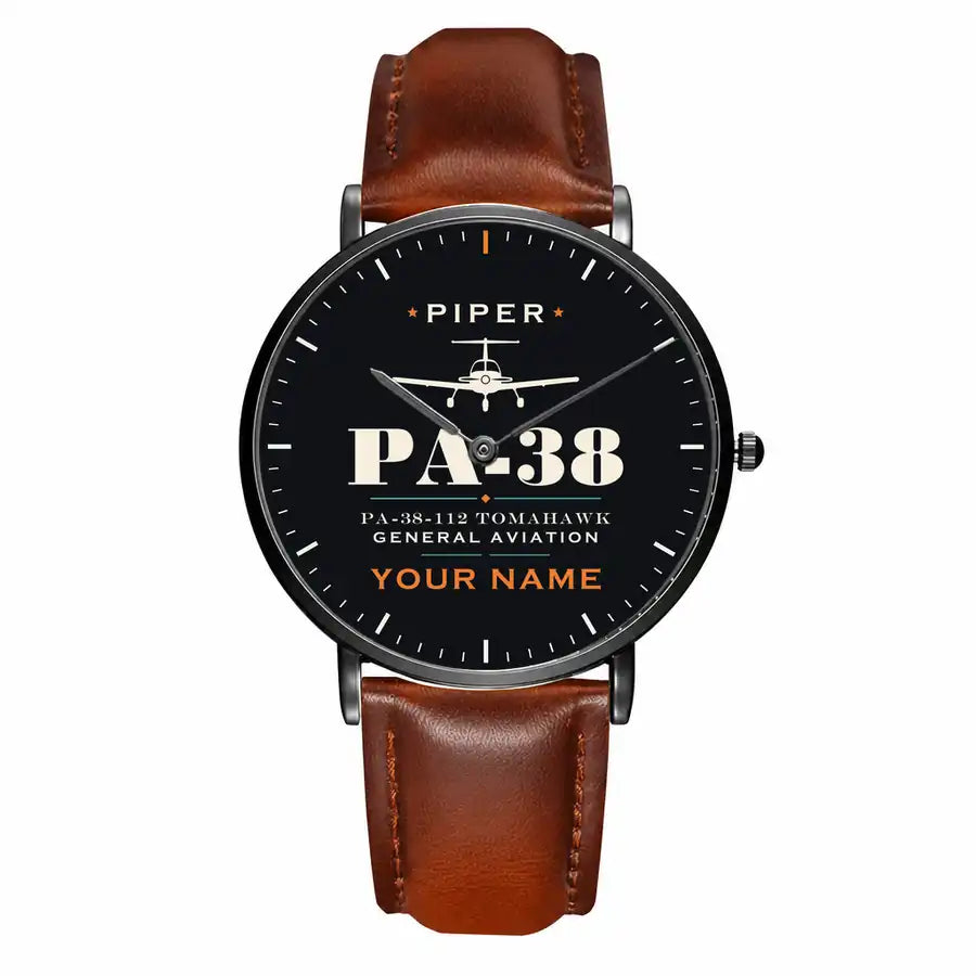 Piper PA-38-112 Tomahawk - Heritage + Name - Slim Leather - Black and Brown Leather Strap
