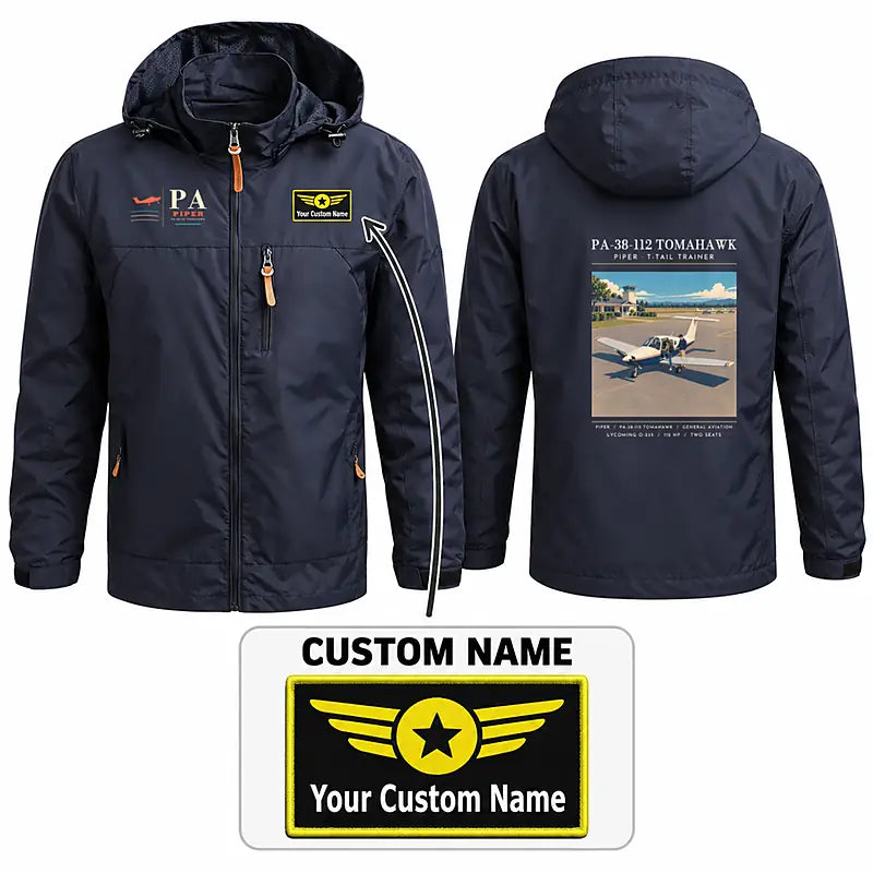 Piper PA-38-112 Tomahawk Stylish Jackets - Hooded Windbreaker - Poster + Name - Navy Blue