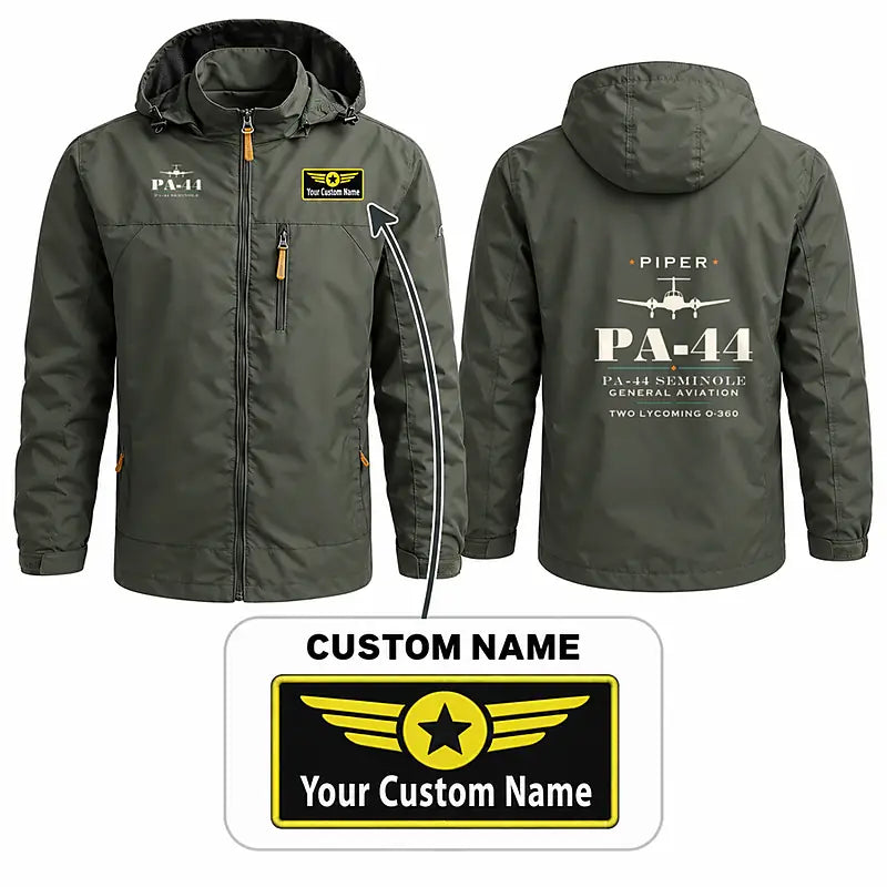 Piper PA-44-180 Seminole Stylish Jackets - Hooded Windbreaker - Heritage + Name - Olive Green