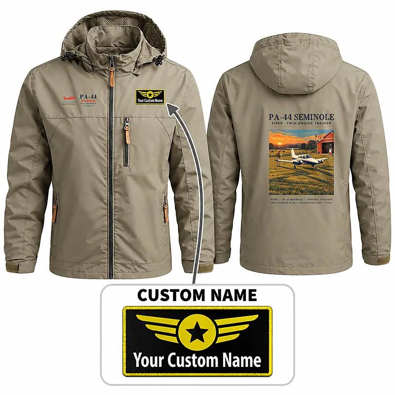 Piper PA-44-180 Seminole Stylish Jackets - Hooded Windbreaker - Poster + Name - Khaki