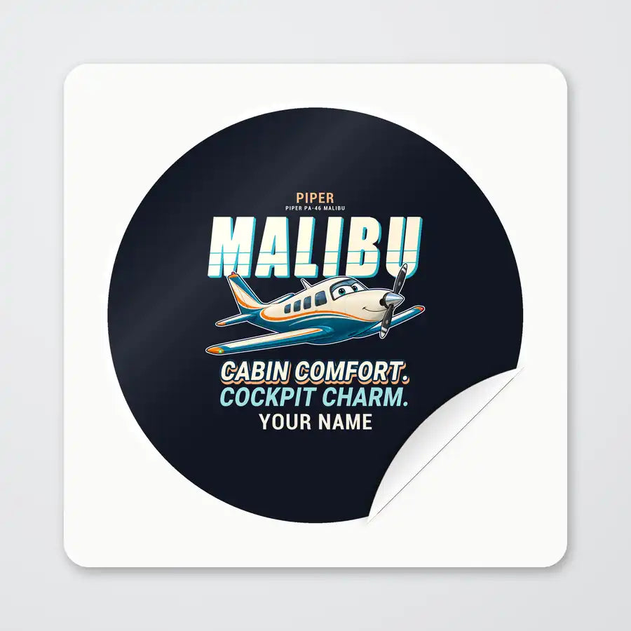 Piper PA-46 Malibu - Cartoon + Name - Circle Sticker - Peel