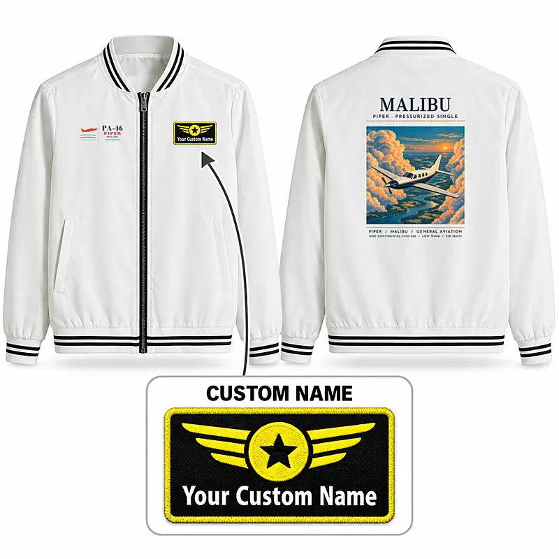 Piper PA-46 Malibu Stylish Jackets - Baseball Collar - Poster + Name - White