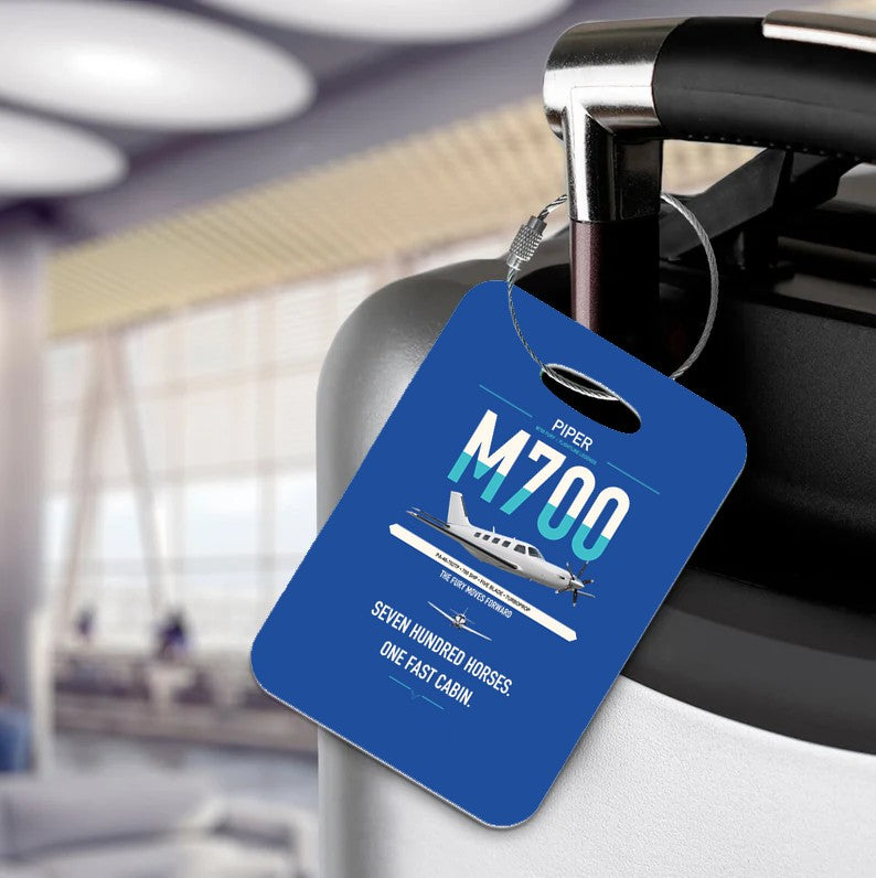 Piper M700 Fury design on blue acrylic luggage tags, double-side print