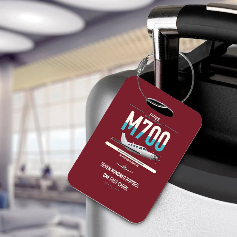 Piper M700 Fury design on dark red acrylic luggage tags, double-side print
