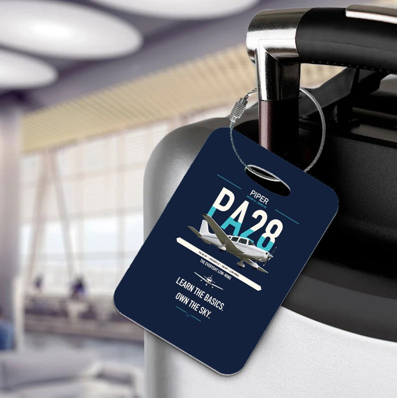 Piper PA-28-181 Archer LX design on navy blue acrylic luggage tags, double-side print