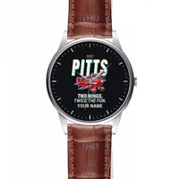 Thumbnail for Pitts S-2B - Cartoon + Name - Leather Strap - Striped Brown Leather Strap