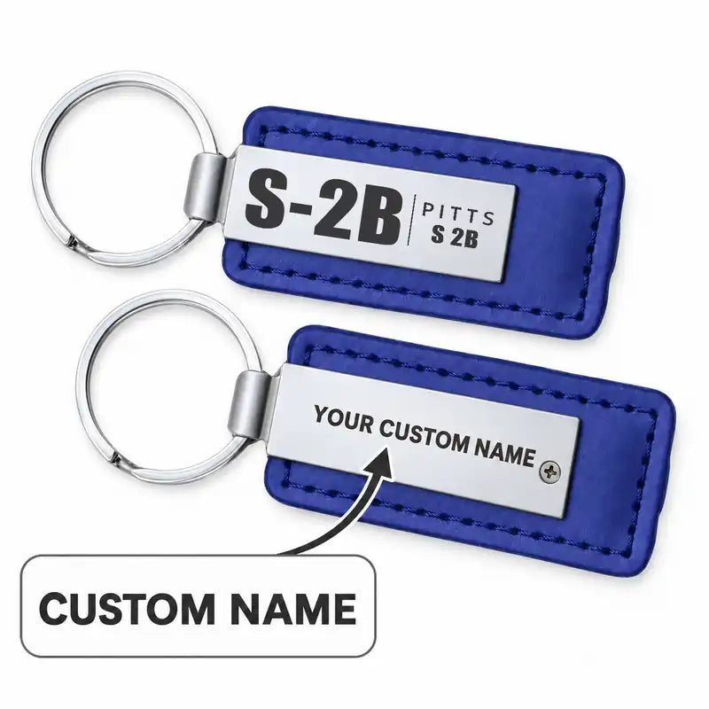 Pitts S-2B - Leather Key Chain - Faux Leather - Tag - Blue + Name