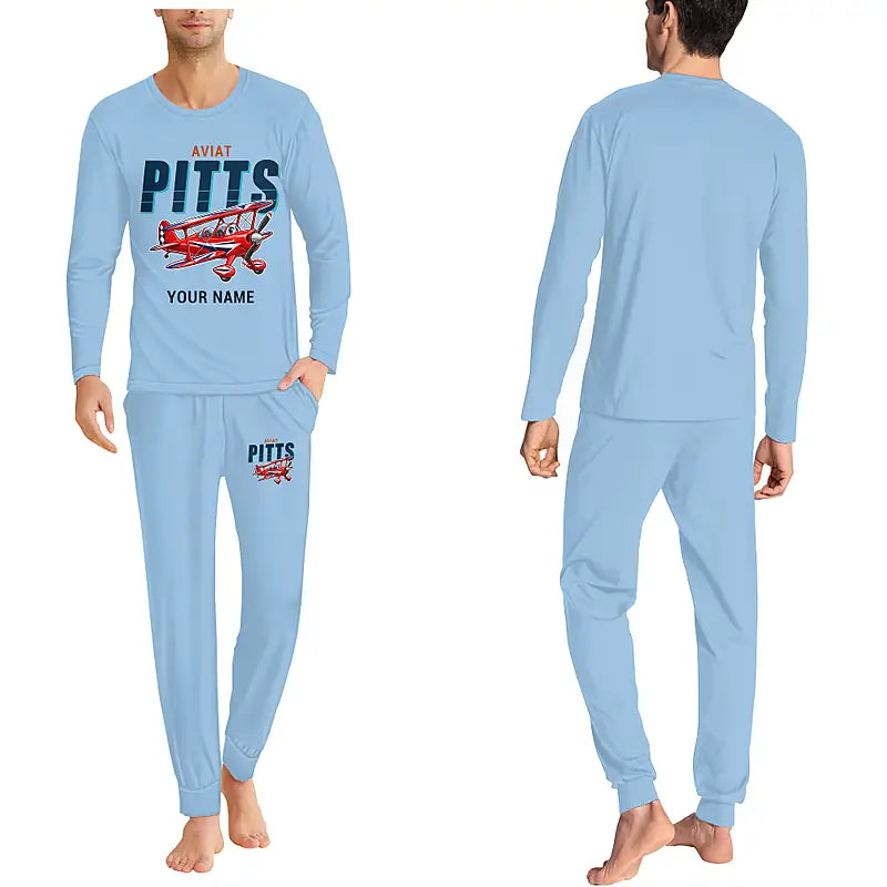 Pitts S-2B - Men Pajamas - Cartoon Chest + Name - Light Blue