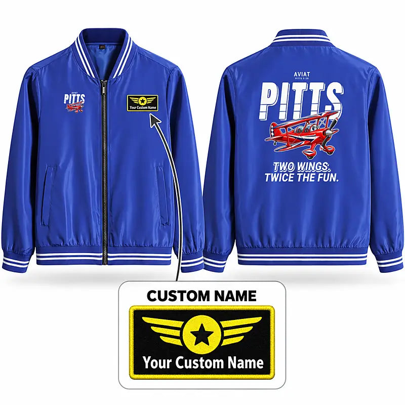 Pitts S-2B Stylish Jackets - Baseball Collar - Cartoon + Name - Royal Blue
