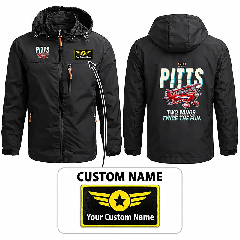 Pitts S-2B Stylish Jackets - Hooded Windbreaker - Cartoon + Name - Black