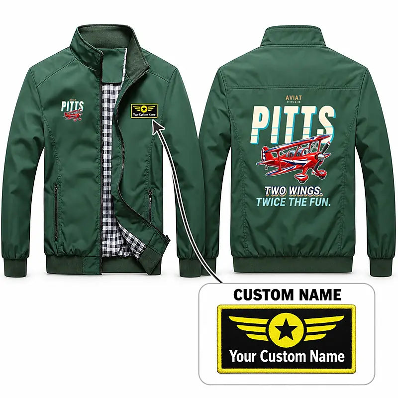 Pitts S-2B Stylish Jackets - Stand Collar - Cartoon + Name - Green