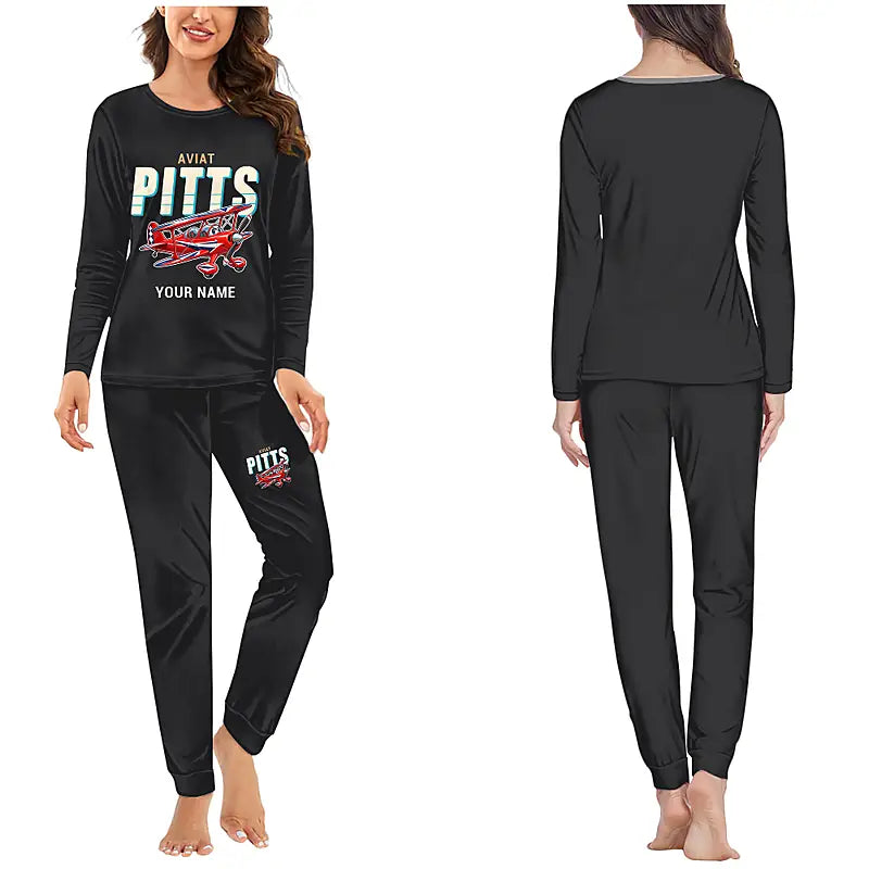 Pitts S-2B - Women Pajamas - Cartoon Chest + Name - Black
