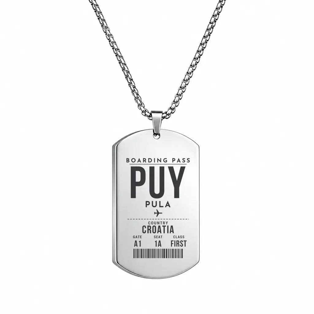 Pula Airport PUY - Necklace - Boarding Pass Style - Silver