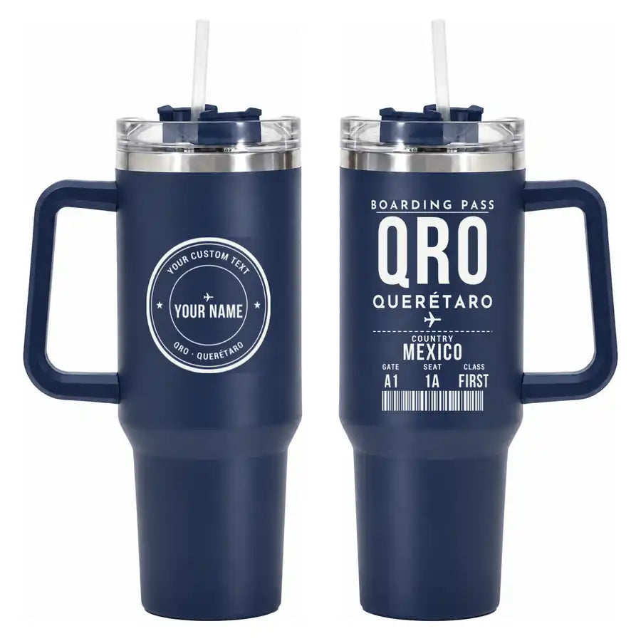 Querétaro Intercontinental Airport (QRO) Stainless Steel Mugs - Boarding Pass + Custom Back - 40oz Car Mug - Navy Blue