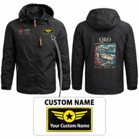 Thumbnail for Querétaro Intercontinental Airport (QRO) Stylish Jackets - Hooded Windbreaker - Poster + Name - Black