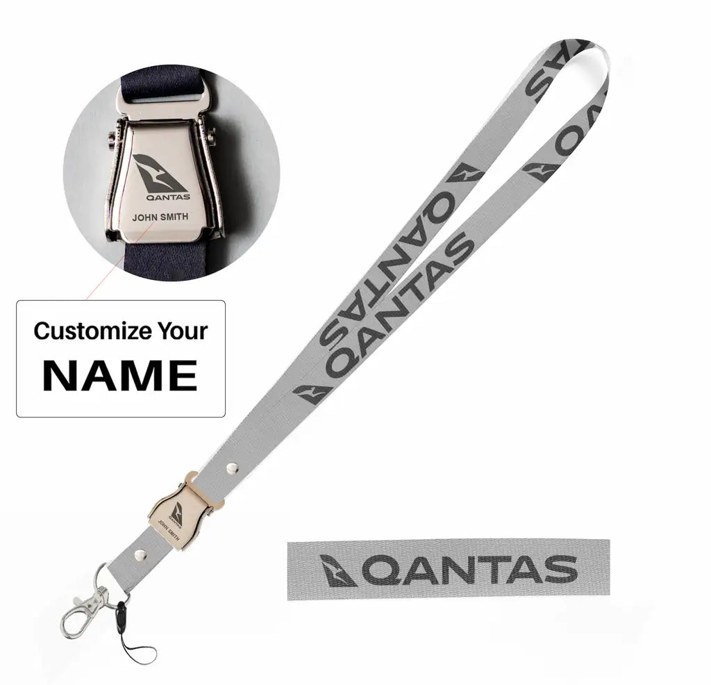 Qantas Airways Airlines seat belt lanyard - light gray with name