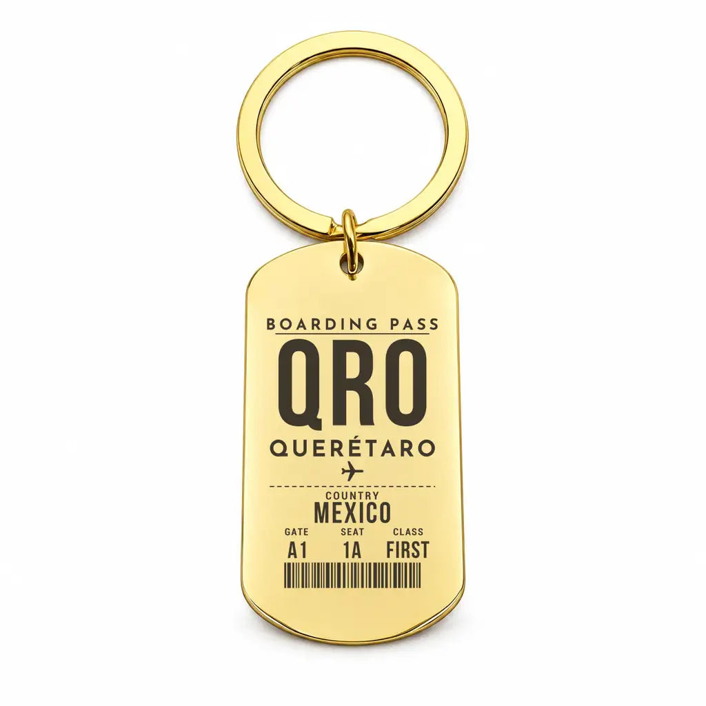Querétaro Intercontinental Airport QRO - Key Chain - Boarding Pass Style - Gold