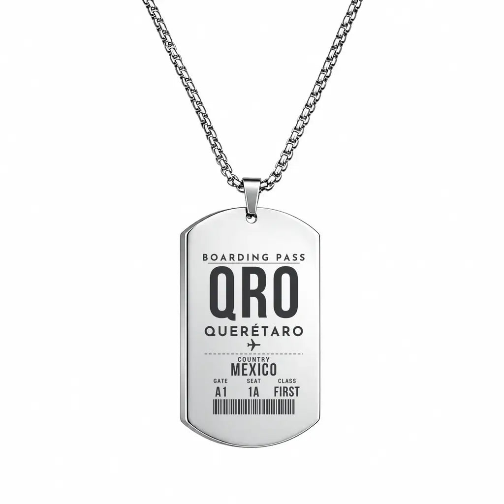 Querétaro Intercontinental Airport QRO - Necklace - Boarding Pass Style - Silver