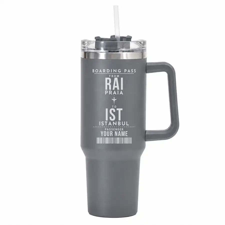 Praia Nelson Mandela International Airport (RAI) Stainless Steel Mugs - Customizable Boarding Pass - 40oz Car Mug - Gray