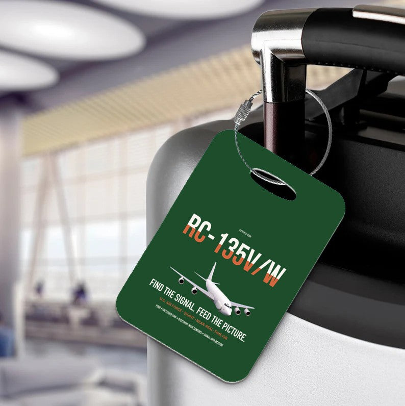 RC-135V W Rivet Joint design on dark green acrylic luggage tags, double-side print