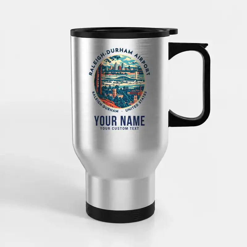 Raleigh-Durham International Airport (RDU) Travel Mugs - Badge + Name - Stainless Steel with Holder - Silver