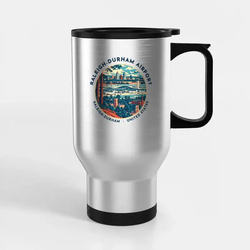 Raleigh-Durham International Airport (RDU) Travel Mugs - Badge - Stainless Steel with Holder - Silver