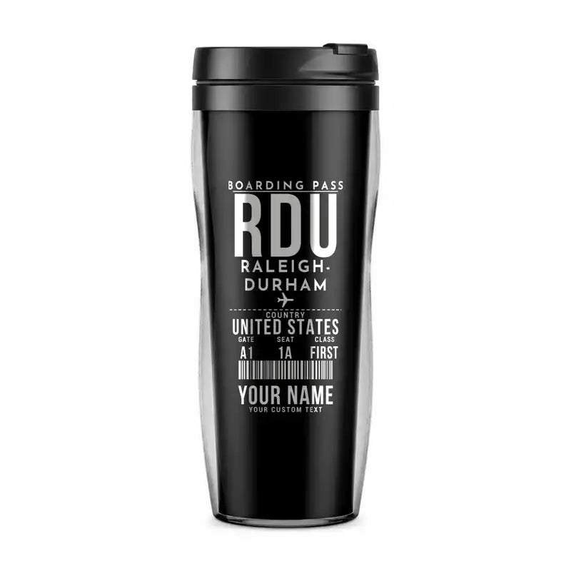 Raleigh-Durham International Airport (RDU) Travel Mugs - Boarding Pass + Name - Plastic (No Holder) - Black