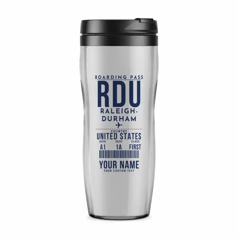 Raleigh-Durham International Airport (RDU) Travel Mugs - Boarding Pass + Name - Plastic (No Holder) - Light Gray