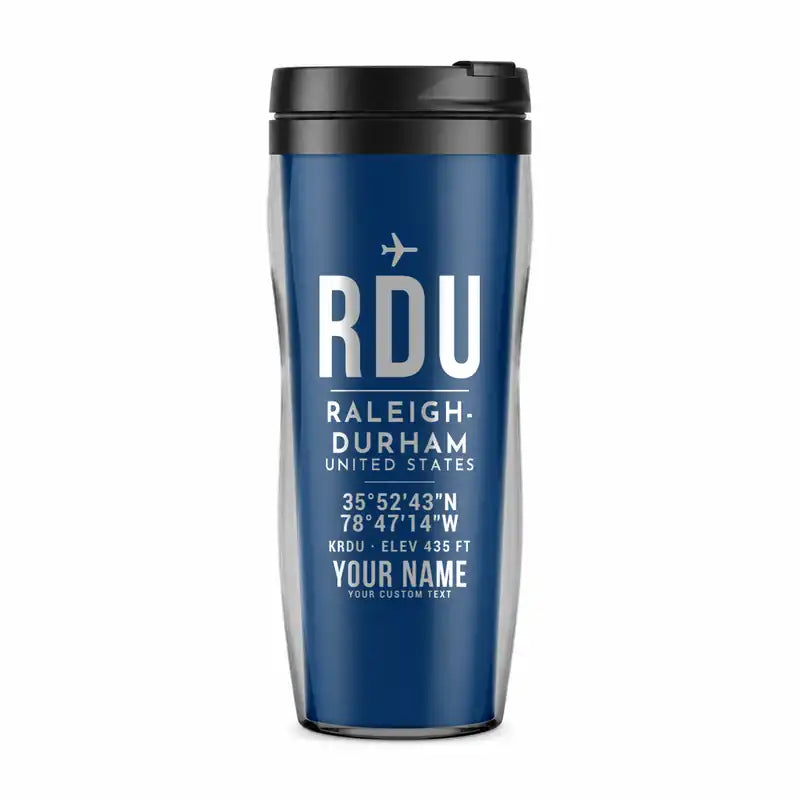 Raleigh-Durham International Airport (RDU) Travel Mugs - ID Tag + Name - Plastic (No Holder) - Blue
