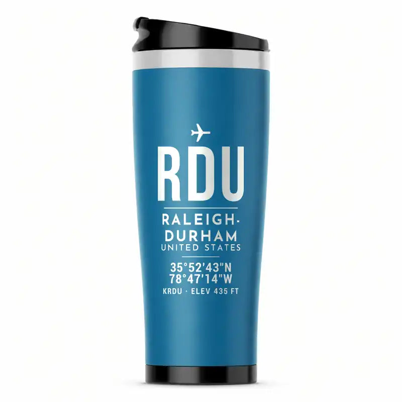 Raleigh-Durham International Airport (RDU) Travel Mugs - ID Tag - Stainless Steel (No Holder) - Light Blue