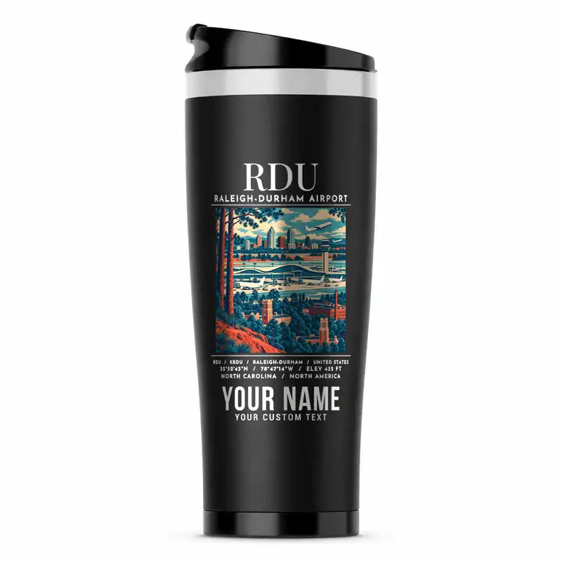Raleigh-Durham International Airport (RDU) Travel Mugs - Poster + Name - Stainless Steel (No Holder) - Black