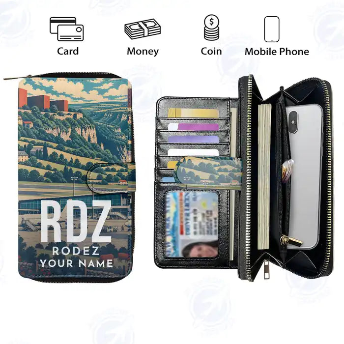 Rodez–Aveyron Airport (RDZ) Leather Wallets - Zip Long Wallet - Scene + Name