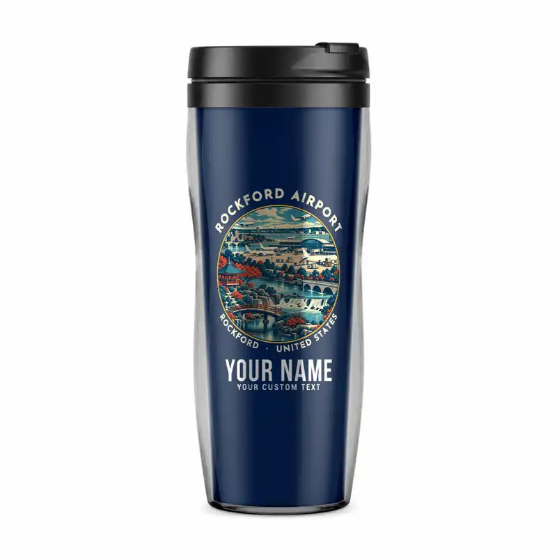 Rockford International Airport (RFD) Travel Mugs - Badge + Name - Plastic (No Holder) - Dark Blue