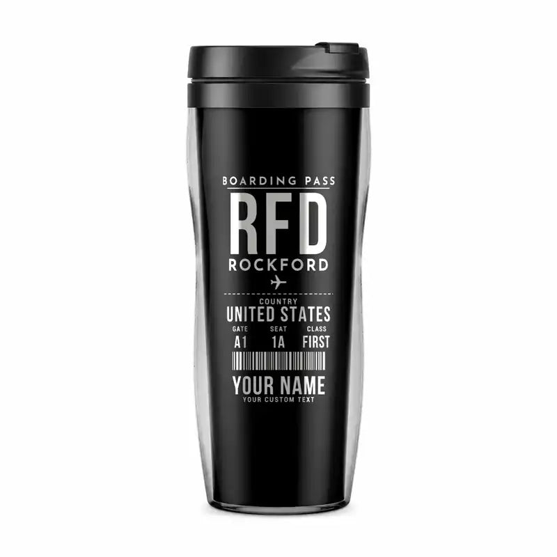 Rockford International Airport (RFD) Travel Mugs - Boarding Pass + Name - Plastic (No Holder) - Black