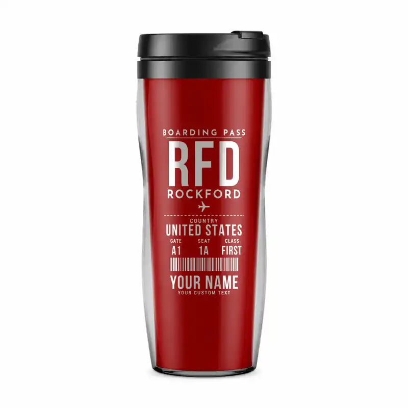 Rockford International Airport (RFD) Travel Mugs - Boarding Pass + Name - Plastic (No Holder) - Red