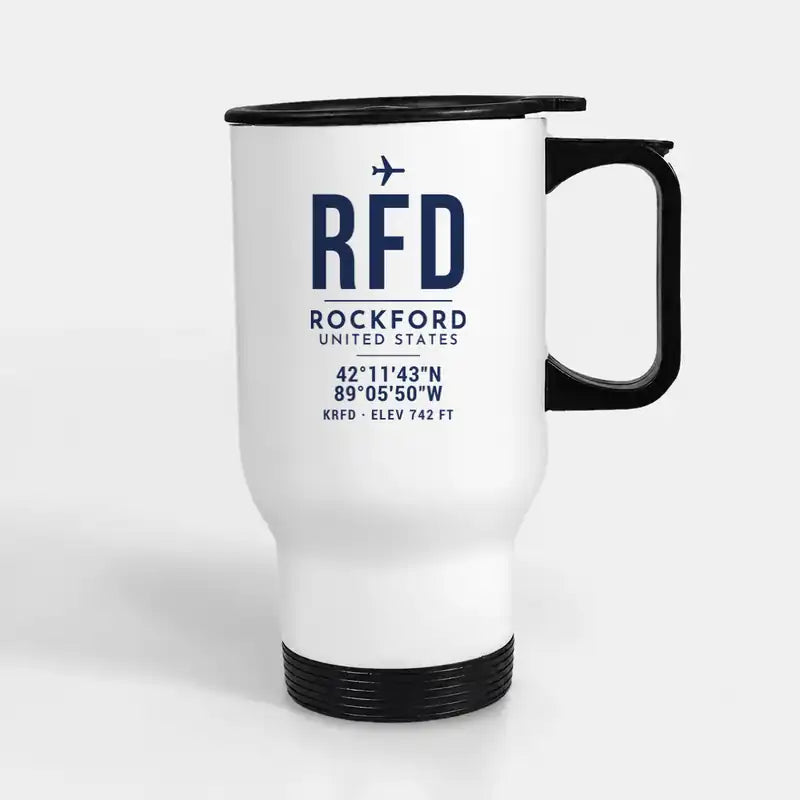 Rockford International Airport (RFD) Travel Mugs - ID Tag - Stainless Steel with Holder - White