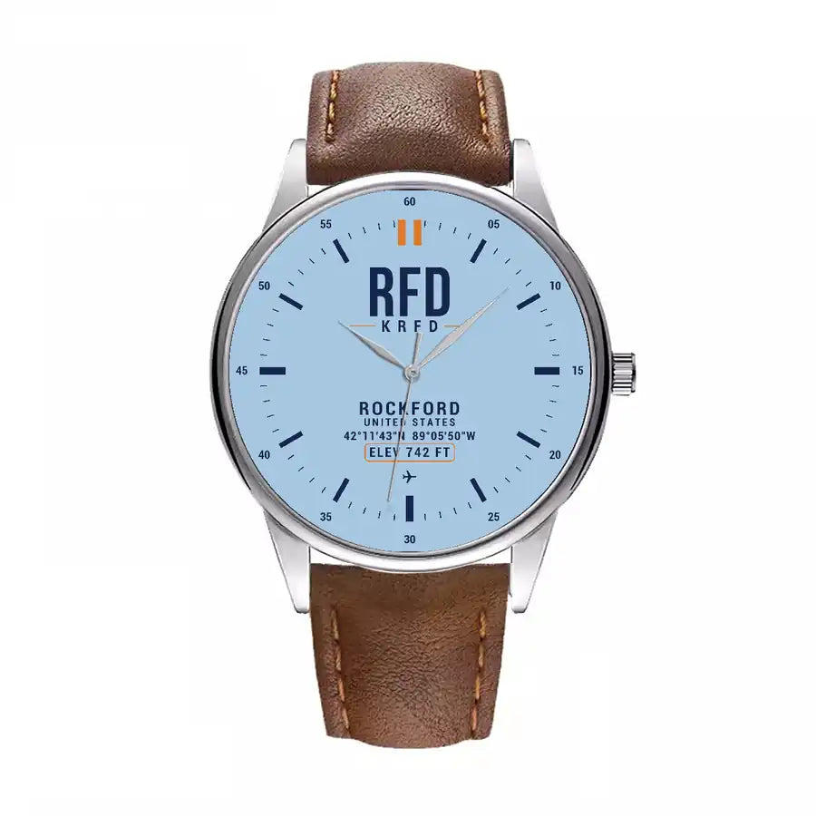 Rockford International Airport (RFD) Aviator Watches - Classic - Light Blue - Leather Strap - Brown Leather Strap