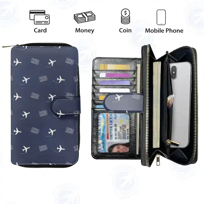Rhodes Airport Diagoras (RHO) Leather Wallets - Zip Long Wallet - Pattern - Navy Blue