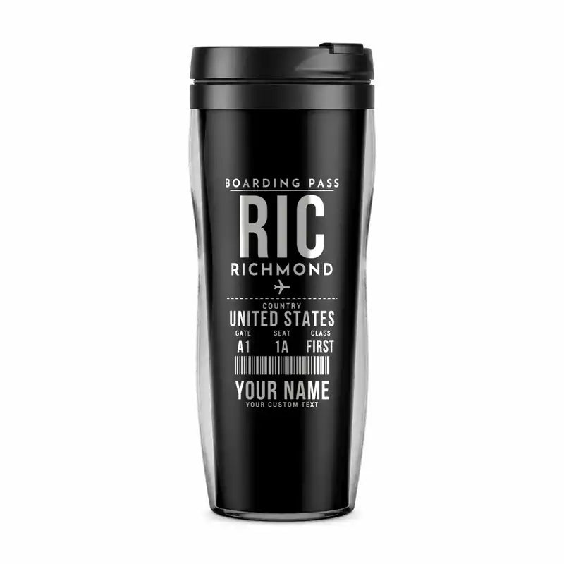 Richmond International Airport (RIC) Travel Mugs - Boarding Pass + Name - Plastic (No Holder) - Black