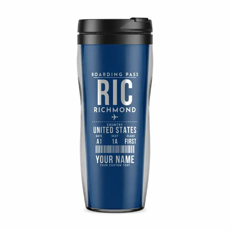 Richmond International Airport (RIC) Travel Mugs - Boarding Pass + Name - Plastic (No Holder) - Blue