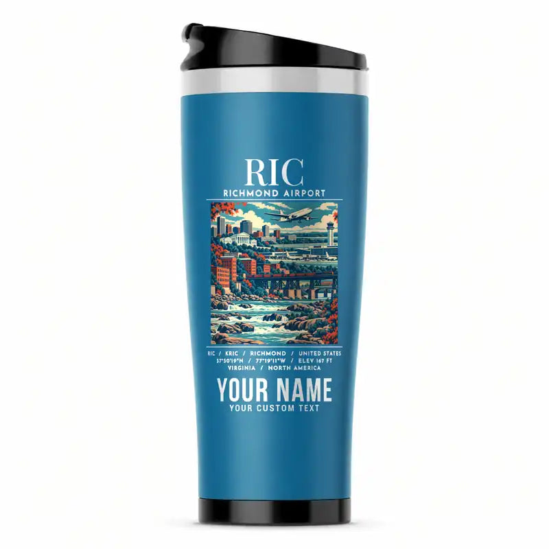 Richmond International Airport (RIC) Travel Mugs - Poster + Name - Stainless Steel (No Holder) - Light Blue