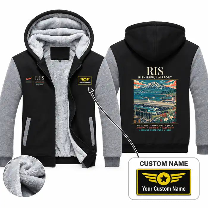 Rishiri Airport (RIS) Zipped Sweatshirts - Poster + Name - Black & Gray