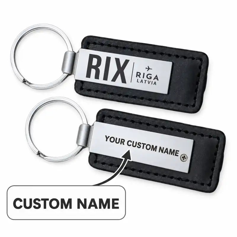 Riga Airport (RIX) Leather Key Chains - Leather Key Chain - Faux Leather - Original Design - Black + Name