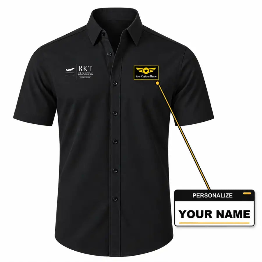 Ras Al Khaimah International Airport (RKT) Shirts - Short Sleeve Shirt - Front - Black + NAME